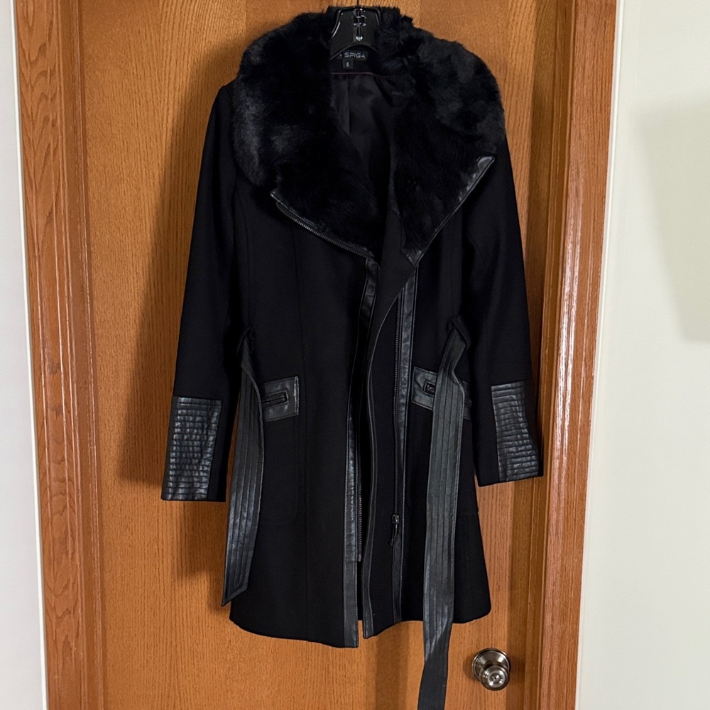 Via Spiga Black Trench Coat with Faux Fur and Faux Leather Accents